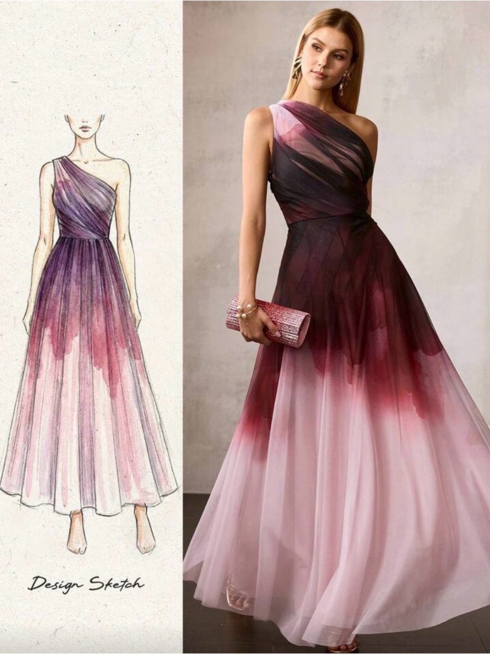Elegant One-Shoulder Ombre Evening Dress in Pink and Purple